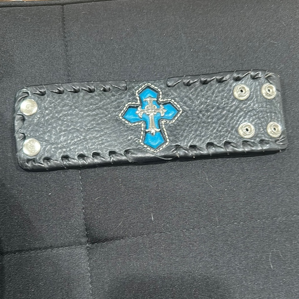 Black Leather Bracelet with Blue Cross Design